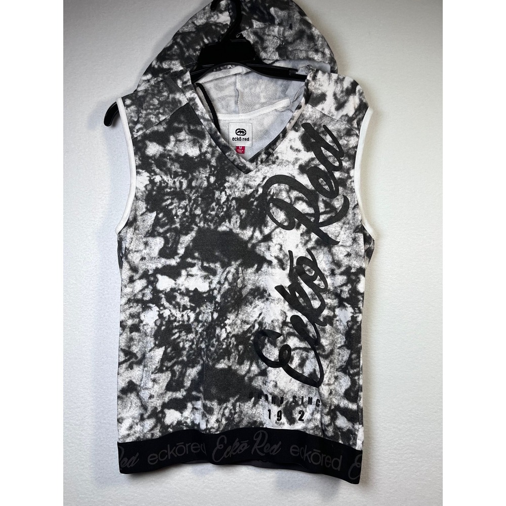Ecko Red Sleeveless Hoodie Mens Medium Black White Excellent Tie Dye V-Neck